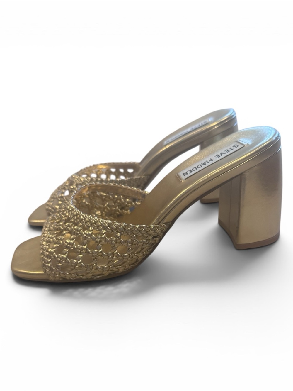 Steve Madden Metallic Gold Woven Block Heel Mules - Picture 2 of 4